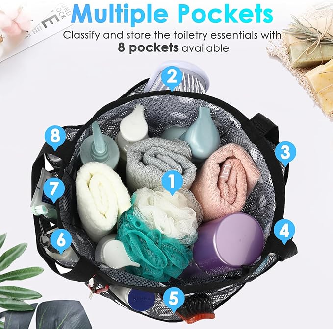 Fammart Mesh Shower Caddy Portable for College Dorm Room Essentials, 8-Pocket Large Shower Basket Tote Bag with 2 Handles for Toiletry, Bathroom, Beach, Camp, Gym