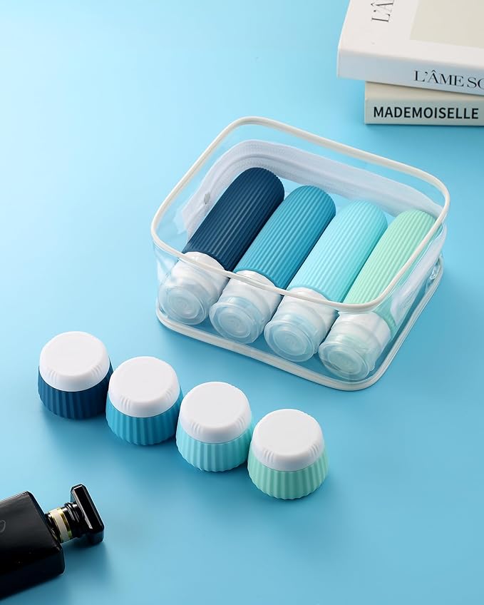 Travel Bottles for Toiletries 8 Pack, Tsa Approved Travel Size Toiletries 3 oz, Containers for Toiletries, with Clear Bag, Leak Proof Silicone Squeezable Essentials Creams Jars