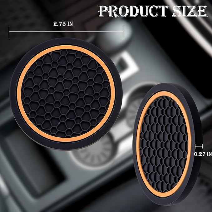 4-Piece Anti-Slip Car Cup Coaster Set – 2.75 Inch Auto Insert Drink Mats, Perfect for Coffee & Beverages – Stylish Interior Decor for Women & Girls (Black & Orange)