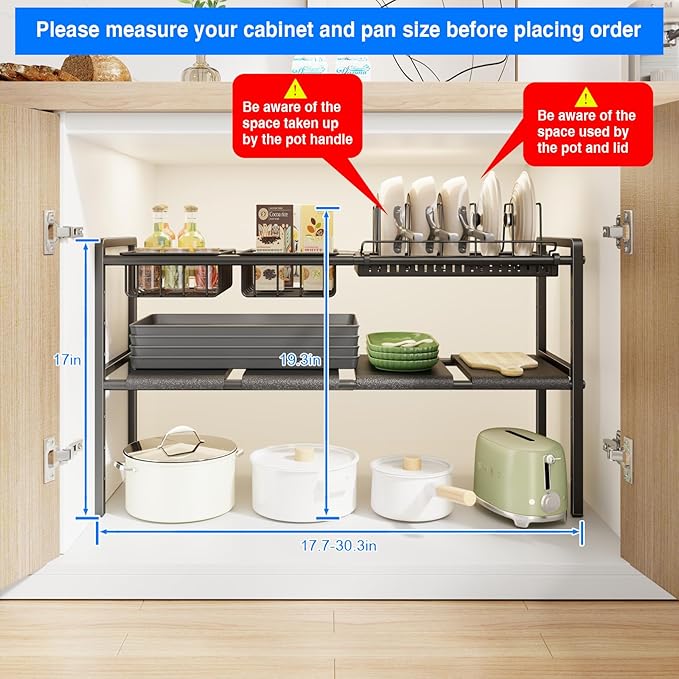 Pots and Pans Organizer Under Cabinet, Expandable 2-Tier Under Sink Organizers Storage Adjustable Height Kitchen Pot and Pan Lid Holder Rack with 6 Dividers (4 Panels, 2 Baskets, 1 Pot Rack, Black)