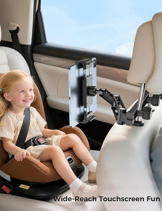 PLDHPRO Car Headrest Tablet Holder for Backseat, 3 in 1 Adjustable Aluminum Alloy Arm Tablet Mount for Back Seat, Road Trip Essentials for Kids for iPad, Galaxy, Fire HD, 5.1''-15.6'' Devices