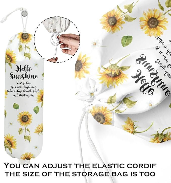 Sunflower Plastic Bag Holder for Kitchen Essentials, Wall Mount Grocery Bag Holder for Plastic Bags, Sunflower Reusable Grocery Bags Storage Dispenser for Home Kitchen Pantry, Hello Sunshine