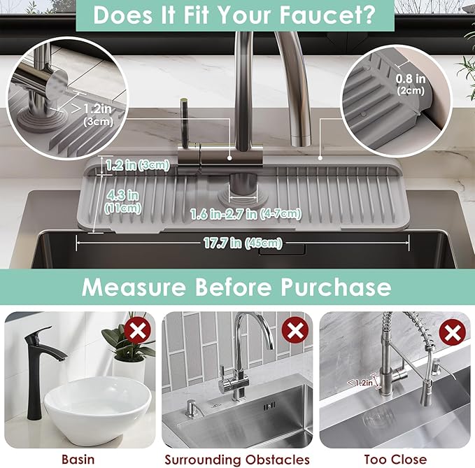 17.7 Inch Silicone Faucet Mat for Kitchen Sink Splash Guard - 7° Slope Water Draining Mat with Fasten Button for Bathroom Area (Gray, 17.7''x5.5'')
