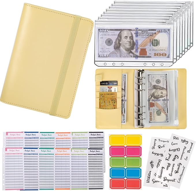 NICOOTHBudget Binder Cash Envelopes A6 Money Saving Binder with Zipper envelopes (A6Yellow)