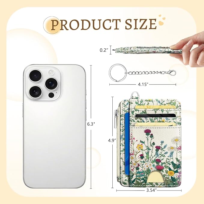 Wildflower Credit Card Holder Small Wallet Women, Flowers Slim RFID Blocking Wallet Woman Keychain with Zipper Coin Pocket, Front Pocket Thin Travel Card Case with ID Window for Ladies Gifts