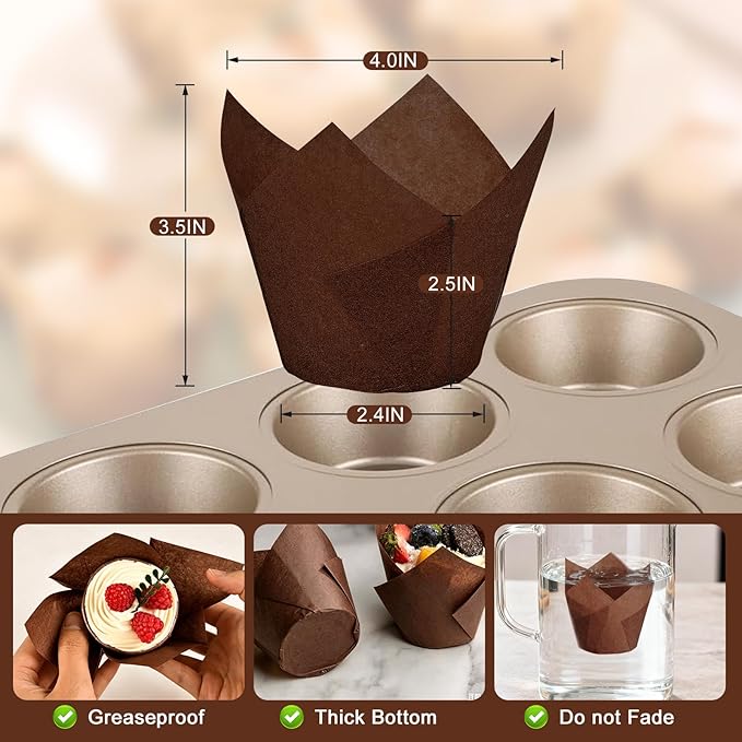 100pcs Extra Large Size Tulip Cupcake Liners for Baking Cups, Food Graded Parchment Paper Large Muffin Liners Holders, Greaseproof Cup cake Wrappers for Party, Christmas by Neyimqr (Coffee)