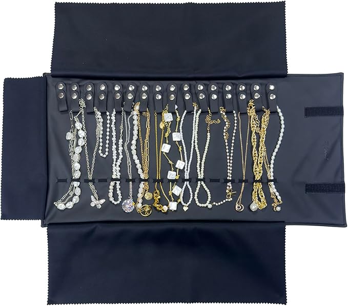 UnionPlus Travel Jewelry Roll, Faux Leather Necklaces Organizer Bag, Elastic Band and Anti-winding, Black