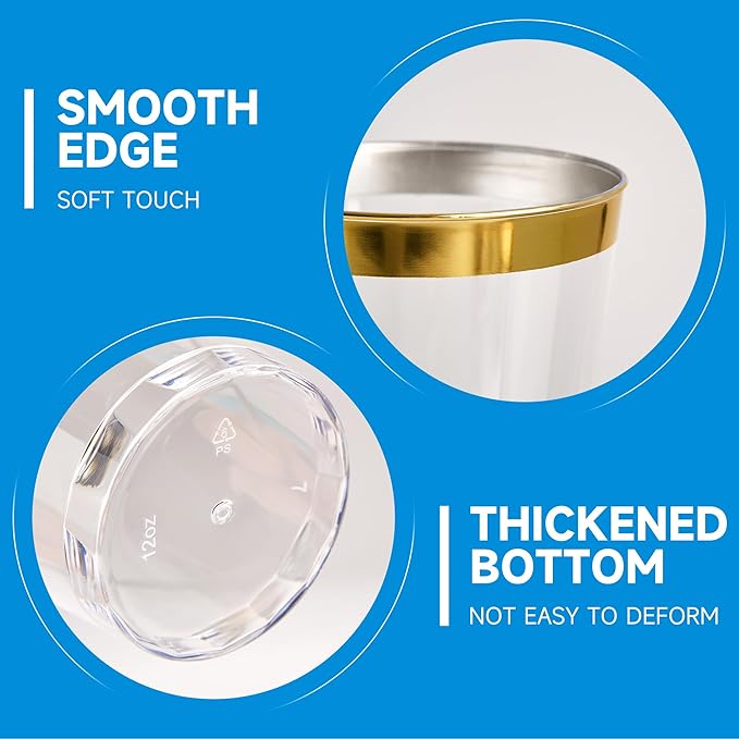 RACETOP 12 oz 100 Pack Disposable Plastic Cups with Gold Rim, Disposable Gold Rim Plastic Cups for Parties, Weddings, Gatherings, and Festival Events