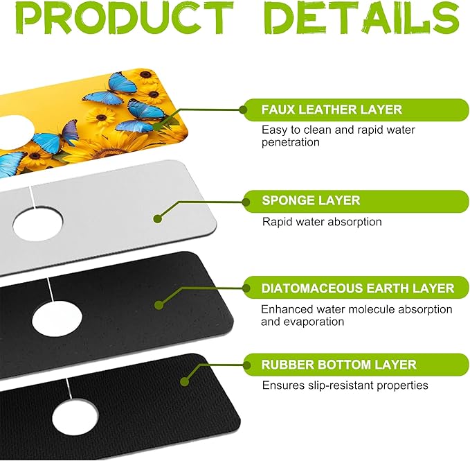 Kitchen Sink Splash Sunflowers and Blue Butterflies Guard Faucet Mat, Super Absorbent Fast Drying Mat Guard Behind Faucet Drip Catcher for Kitchen Bathroom, 15.5"X5.5"