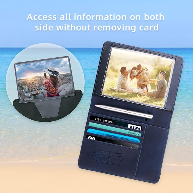 WALNEW Passport Holder for Travel, RFID Passport Cover Wallet for Women Men, PU Leather Passport Book Case with Pen Holder and Clear Photo Slot, Navy Blue