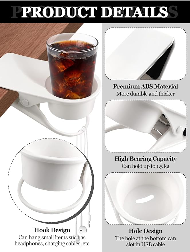 2PCS Drinking Cup Holder Clip, Kalolary Desk Bottle Cup Stand DIY Glass Clamp Storage Saucer Clip Water Coffee Mug Holder Saucer Clip Design for Home & Office, White