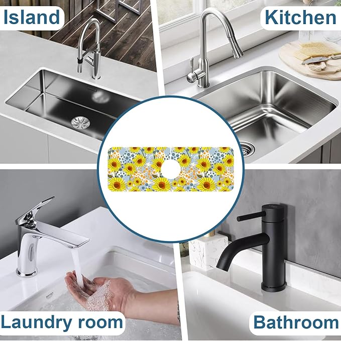 Watercolor Sunflowers Sink Faucet Absorbing Mat Sunflowers Polka Dots Super Absorbent Fast Drying Mat Sink Gadgets Behind Faucet Sinkmat for Kitchen Bathroom, 15.5"x5.5"