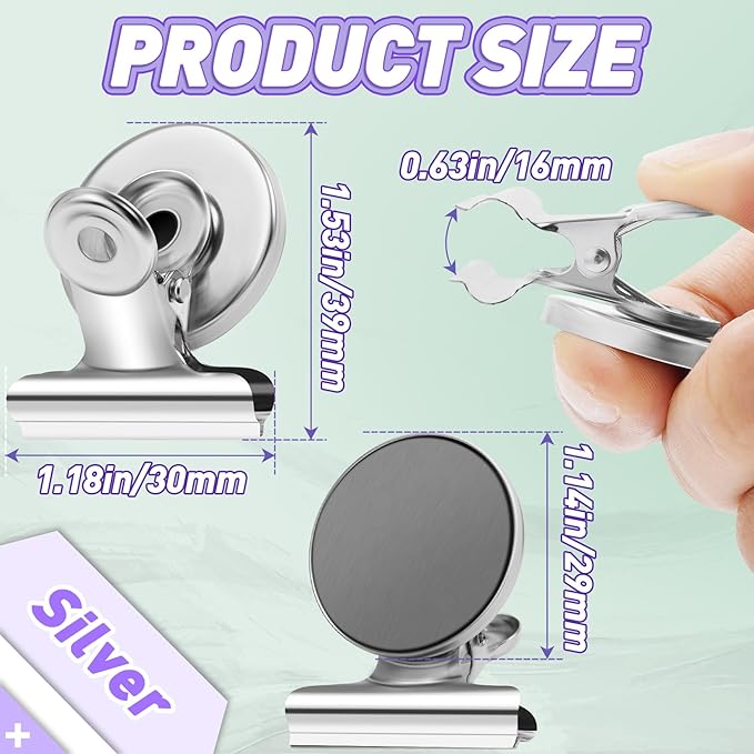 VNDUEEY 24 Pack Strong Magnetic Clips, Fridge Magnets Refrigerator Magnet, Whiteboard Magnets Heavy Duty Magnet Clips for Home, Office, Classroom, Locker, Cruise (Silver)