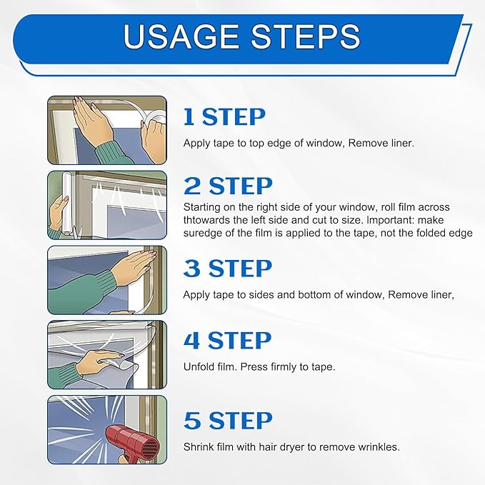 Thermal Shrink Window Insulation Film Kit 5 Pack (47"x315") – Heavy-Duty, Custom-Cut to Size | Blocks Drafts, Saves Energy | Easy DIY Install & Remove with Tape | Fits Home, Office, RV