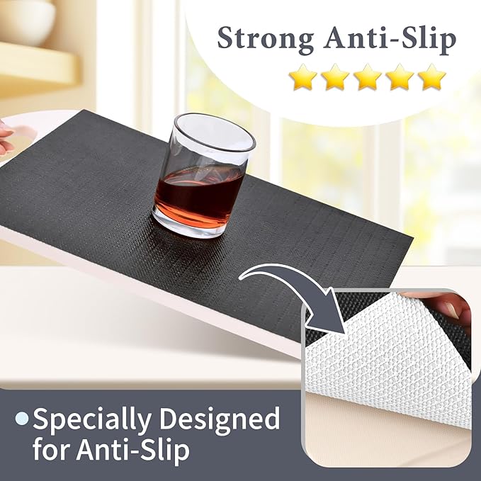 Shelf Liners for Kitchen Cabinets 17in x 20FT, Non Adhesive Drawer Liner Pure Black Thickened Shelf Liner Non-Slip Easy to Clean for Tool Box Refrigerator with Knife and Tape Measure