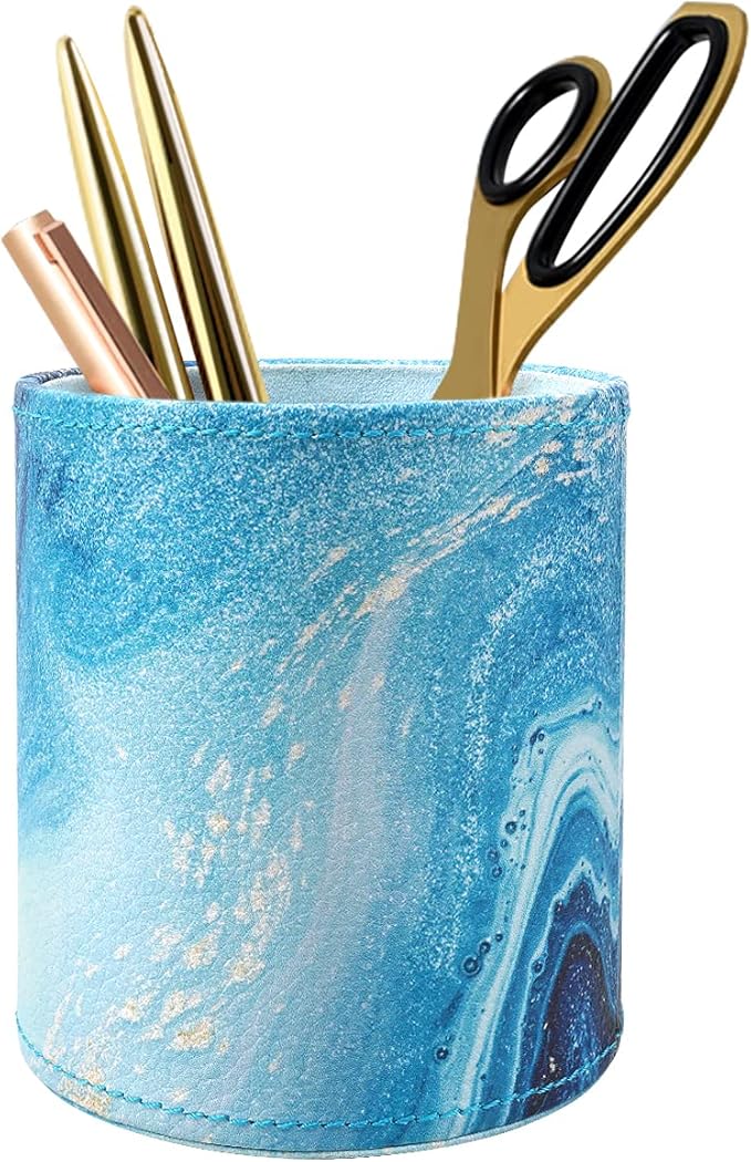 WAVEYU Marble Pen Holder for Desk, Pencil Organizer Office Decor, Large Makeup Brush Holder Pu Leather Multi-Functional Organizer Cup for Office, Home, Classroom, Blue Marble