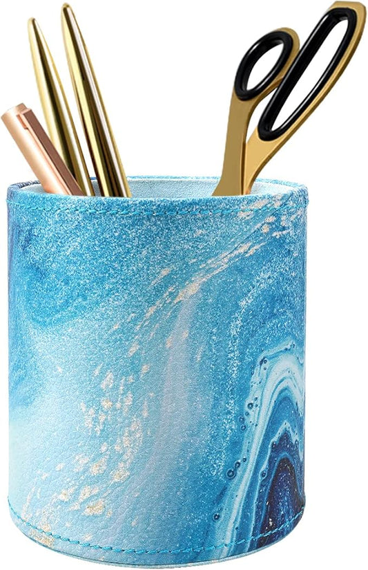 WAVEYU Marble Pen Holder for Desk, Pencil Organizer Office Decor, Large Makeup Brush Holder Pu Leather Multi-Functional Organizer Cup for Office, Home, Classroom, Blue Marble