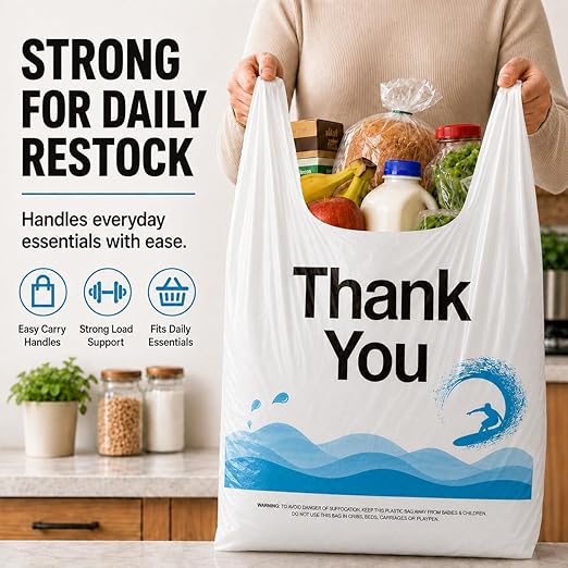 YoYoRain 100 Count Plastic T-Shirt Carry Bags with Handles, Durable Retail & Merchandise Shopping Bags for Grocery and Take-Out