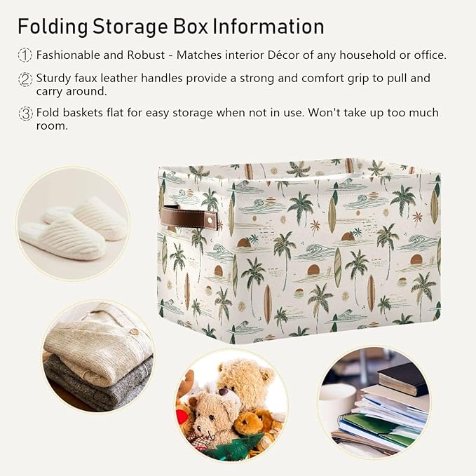 Aslsiy Storage Basket - Hawaii Palm Surf Nursery Bins Brown Baby Box Canvas Clothes Shelf Laundry Hamper Gift Basket for Home Closet - 1 Pcs