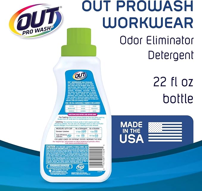 OUT ProWash Workwear Stain Remover Laundry Detergent and Odor Eliminator, Great for Work Clothes, Uniforms, Active Wear, and More, Made in the USA, 22 Ounce Bottle, 6-Pack