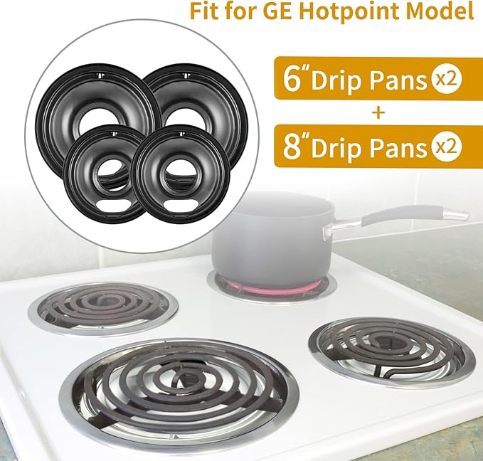 4 Pack Black Cooktop Drip Pans, Compatible with GE Hotpoint Stove. Include 2 Pcs 6'' Range Replacement Drip Pans and 2 Pcs 8 '' Burner Drip Pans for Electric Stove Top