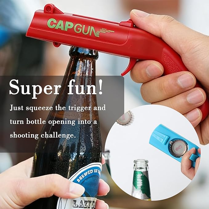 Bottle Opener with Cap Launcher – Funny Shooting Gun for Parties, BBQ, Tailgates – Unique Beer Cap Shooter Gadget for Men – Cool Gifts for Dad, Husband, Him on Birthday, Father's Day(Red+Blue)