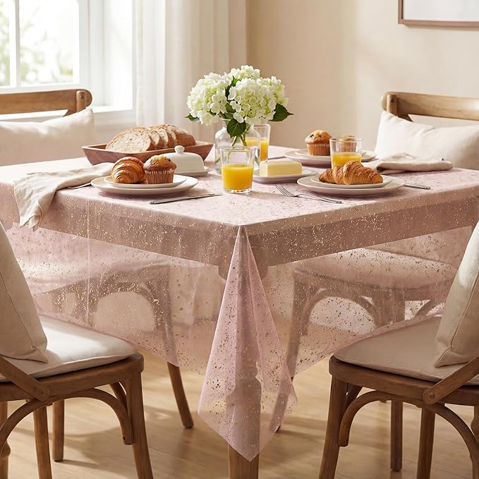 Horaldaily Pink Gold Gauze Tablecloth 60x84 Inch Rectangular, Golden Sequin Glitter Metallic Foil, Sheer Tulle Cheesecloth for Wedding Baby Shower Ceremony Birthday