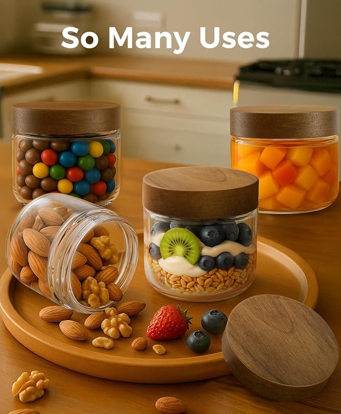 10oz 8 Pack Overnight Oats Containers with Lids, Glass Mason Jars with Acacia Wood Airtight Lids, Wide Mouth Meal Prep Storage Jars for Yogurt, Chia Pudding, Salad, Parfait, Snacks, Spice