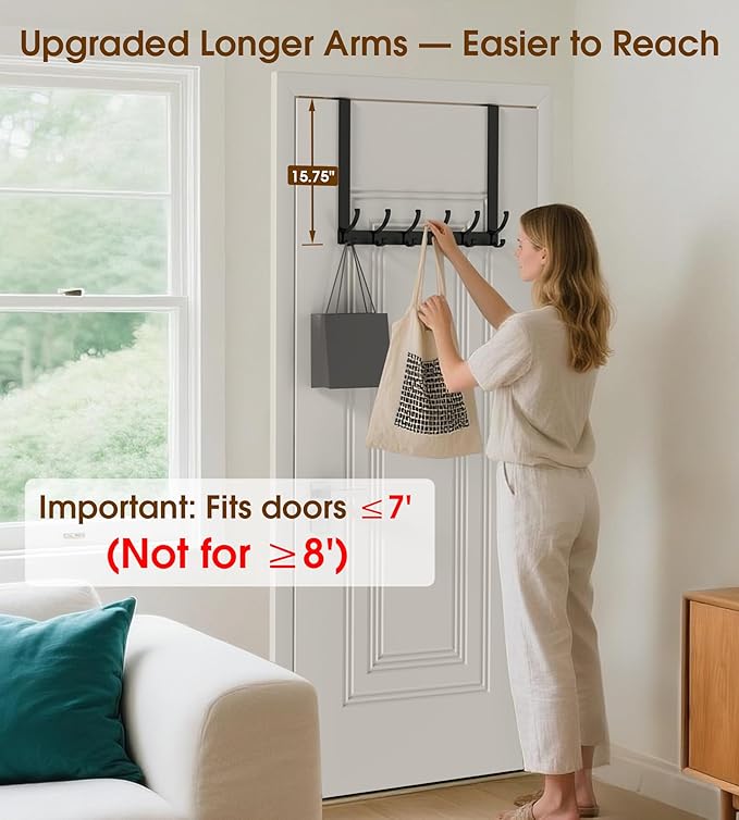 KitchLife Long Over The Door Hooks Hanger with 15.75 inches Extended Arms, Fits 1 3/4" Doors, F40U, 6 Double-Hanger Design Thickened Heavy Duty Bathroom Towel Rack Organization, Matte Black, 1 Pack