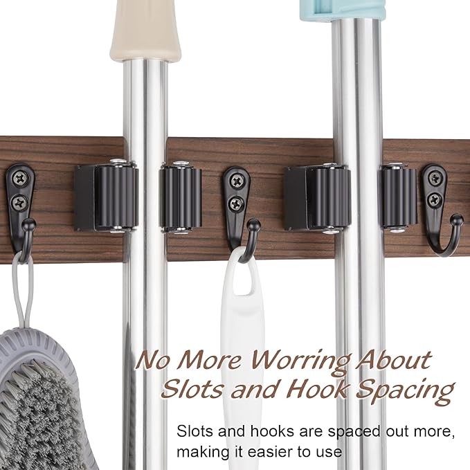 Mop and Broom Holder Wall Mount - Wooden Broom Mop Hanger - Wall Mounted Garden Tool Rack Organizer for Closet Garage Laundry Room for Rustic Kitchen Decor With 5 Slots & 4 Hooks
