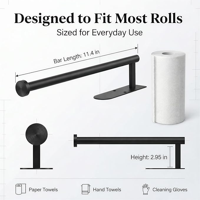 Paper Towel Holder Under Cabinet, Self Adhesive or Screw Mount, Fits Most Standard US Paper Towel Rolls, SUS304 Stainless Steel, Black