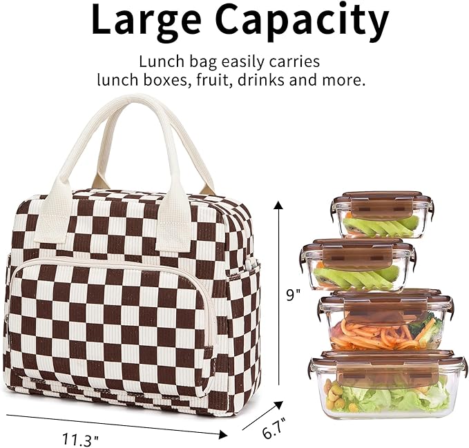 Lunch Bag Women Lunch Box for Women Adult Cute Insulated Lunch Bag Lager Cooler Lunch Tote Bags for Work Picnic (Coffee-White Plaid)