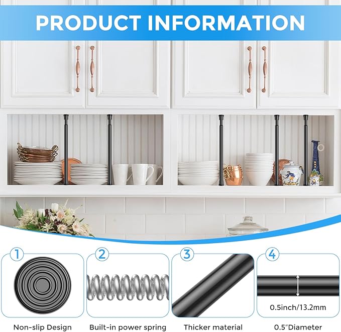4 Pack Small Spring Tension Curtain Rod 8 to 12.5 Inch, Thin DIY Tension Rods No Drill for Slim Window Cupboard Closet Sidelights, Black