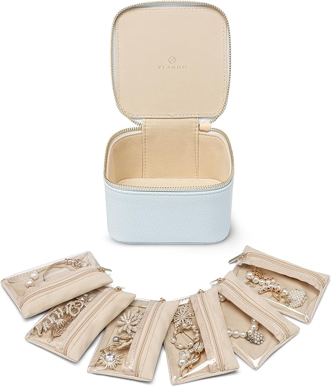 Vlando Jewelry Travel Case, Travel Jewelry Organizer with Clear Velvet Jewelry Bags 6Pcs Zipper Pouch for Women Wedding, Birthday Gift-Baby Blue