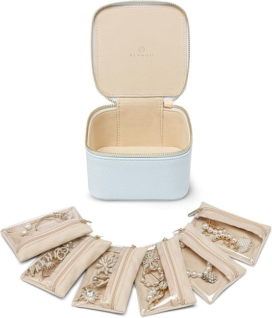 Vlando Jewelry Travel Case, Travel Jewelry Organizer with Clear Velvet Jewelry Bags 6Pcs Zipper Pouch for Women Wedding, Birthday Gift-Baby Blue