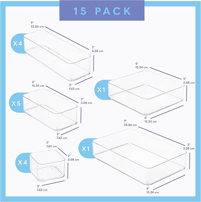primebox Fifteen Pieces. Plastic Clear Drawer Organizers. Bathroom, Kitchen, Bedroom, Utensils, Office Organizer Bins, Storage Trays. Heavy Duty, Stackable 5 Sizes.