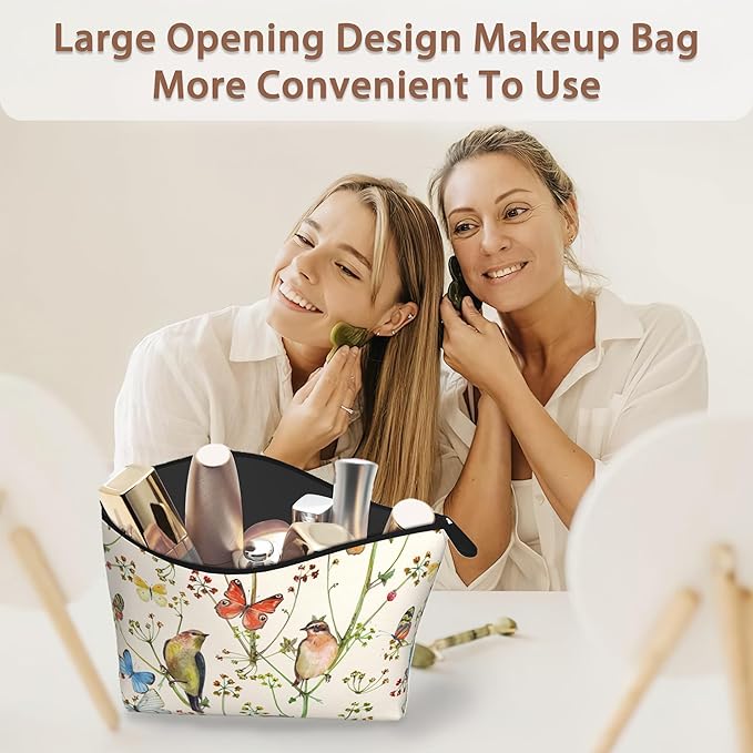 Vintage Bird Butterfly Makeup Bag Travel Cosmetic Bag for Women,Floral Small Make up Pouch Travel Bags for Toiletries Aesthetic Accessories Waterproof Gifts