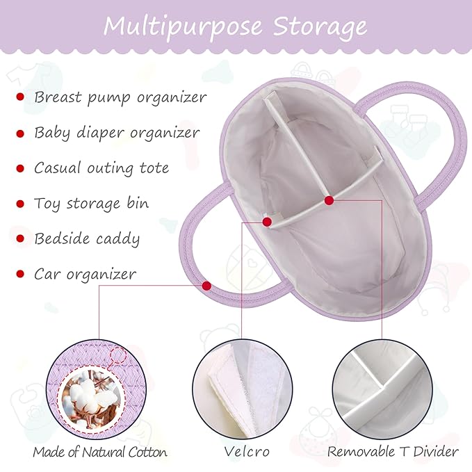 COMSE Baby Diaper Caddy Organizer, Car Caddy, Diaper Change Organizer, Gift Baskets Empty, Portable Tote Bag with Divider, Baby Shower Gifts Newborn Essentials Registry Must Have, Purple