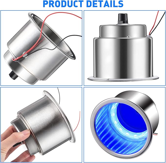 Yexiya 6 Pcs LED Cup Holder Marine Drink Holder Stainless Steel Cup Holders Insert with Drain for Boat Yacht Car Camper Truck RV(Blue)