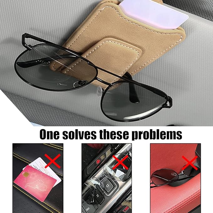 8sanlione Sunglasses Holder for Car Sun Visor, Magnetic Leather Glasses Hanger Clip, Eyeglass and Ticket Card Storage Mount, Auto Interior Accessories Universal for Vehicle SUV Truck (Beige)
