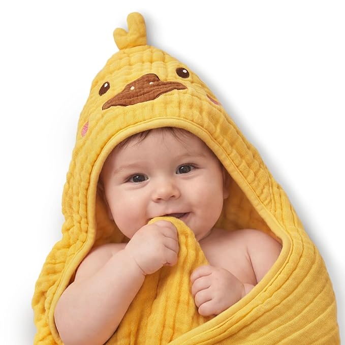 Blissful Diary Muslin Baby Hooded Towel 1 Pack, Soft & Absorbent Bath Towel for Infant, Toddler, Unisex, Baby Gift, Newborn Essentials, Sunny Duck