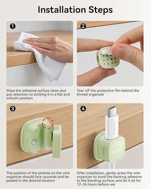 6 Pack Cable Management Cord Organizer, Magnetic Cable Clips-1s Lock, Rocoren Desk Adhesive Cord Cable Clip Wire Holder Keeper for Phone Charger Wire, Nightstand, Car, Office, Desktop Accessory, Green