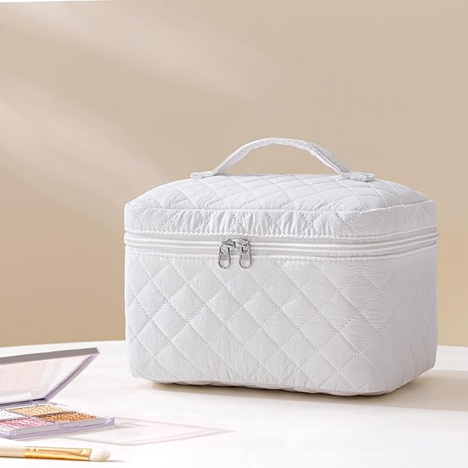 HBselect Quilted Makeup Bag, 3PCS Cotton Large Travel Makeup Bag, Cute Floral Coquette Make up Bag Cosmetic Bag Toiletry Bag for Women Girls