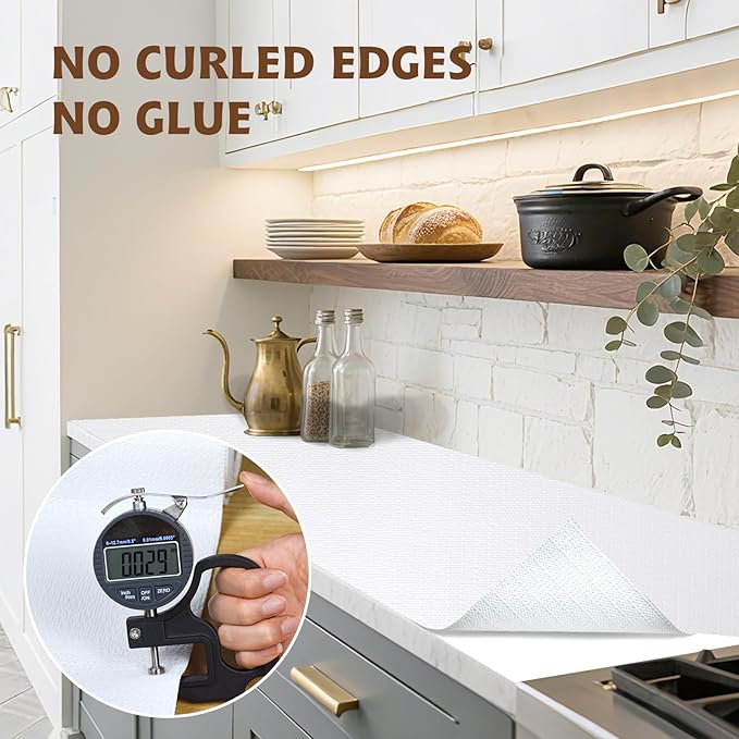 Shelf Liners for Kitchen Cabinets Non Adhesive Drawer Liner 17in x 20FT Pure White Thickened Shelf Liner Strong Non-Slip Easy to Clean for Tool Box Refrigerator with Knife and Tape Measure