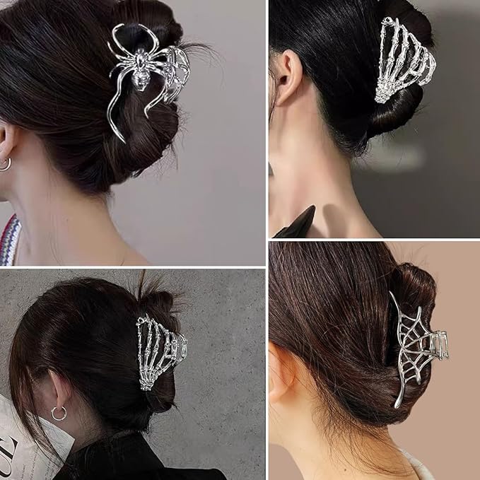 3 Pieces Large Metal Spider Net Hand Hair Claw Clips for Women and Girls Thick Long Hair, Nonslip Skeleton Spooky Barrette Headband Hair Styling Accessories for Halloween Christmas Gifts