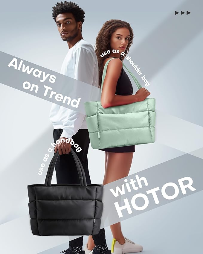 HOTOR Puffer Tote Bag for Women, Nurses - Multi-Pocket Lightweight Bag for Work - Quilted Handbag for Travel and Gym