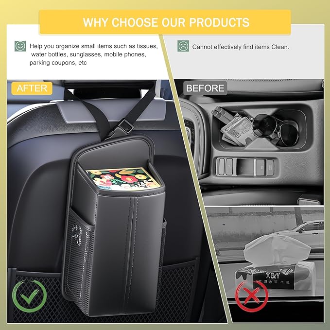 Tumecos Car Storage Organizer for Front and Back Seat,Rectangle Car Tissue Box Holder,Side Mount Hanging Bags with 2 Mesh Pockets,Waterproof Consoles Organizers,Napkin Cover