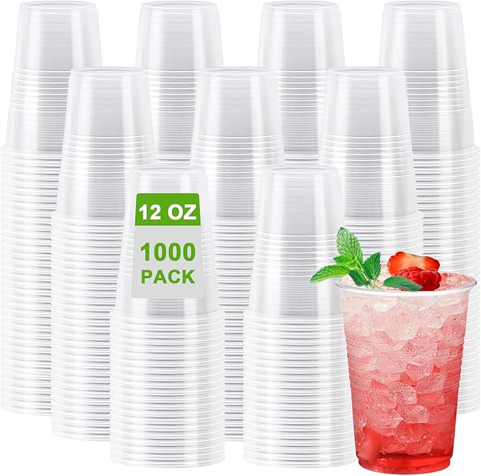 Lamosi 1000 Pack 12 oz Clear Plastic Cups, Plastic Disposable Cups, Cold Drinking Water cups for Party, Wedding, Travel, BBQ, Picnic, Event