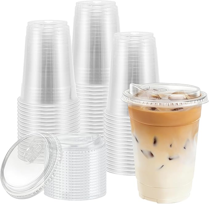BYSNOW 16 oz 50 Pack Clear Plastic Cups with Lids, Disposable Iced Coffee Drink Cups with Strawless Sip Lids for Parties, Outdoors, Office and Events