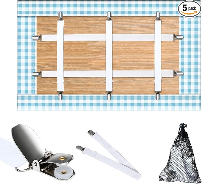 Table Cloth Holder Clips Hidden Straps 5 Pack, Adjustable Elasticity Picnic Tablecloth Clips, Large Clamps for Thick Tables Bench Cover Indoor Outdoor Party Restaurant Camping RV Essential (white)